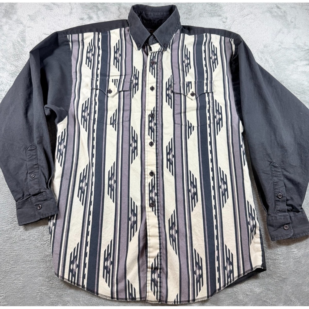 Vtg Panhandle Slim Western Shirt USA Made Geometric Stripe Button Front Mens L